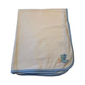 Vintage Just Born Baby Blanket white Blue Trim Rocking Horse Bear USA 30x38